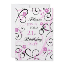Pink Swirls 21st Birthday Party Invitation Card