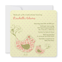 Pink Swirly Mom & Baby Bird Baby Shower Invitation