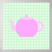 Pink Teapot Design on Green Check. Print