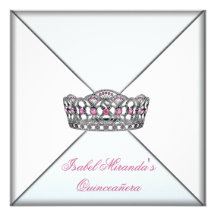 Pink Tiara White Classy Quinceanera 15th Party Invitations