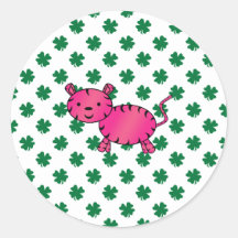 Pink tiger green shamrocks round stickers