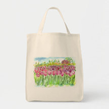 Pink Tulip Fields Watercolor Canvas Bag