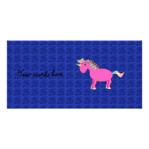 Pink unicorn blue roses photo greeting card