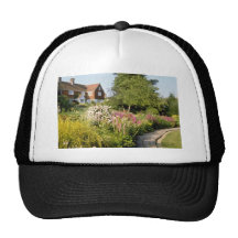 Pink View Across Pond To House flowers Mesh Hats