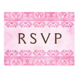 Pink vintage grunge lace damask RSVP postcard