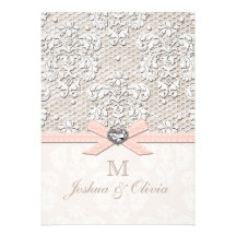 Pink Vintage Lace and Pearls Glamour Wedding Card