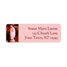 Pink Virgin Mary Statue Labels