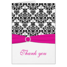 Pink, White and Black Damask Thank You Card