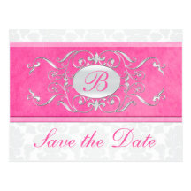 Pink, White, and Grey Damask Save the Date Post Cards