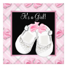 Pink White Baby Shoes Pink Black Baby Girl Shower Custom Invitations