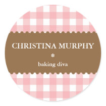 Pink white brown gingham homemade food label seal