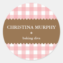 Pink white brown gingham homemade food label seal stickers