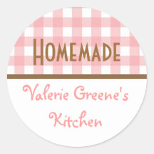 Pink white brown gingham homemade food label seal sticker