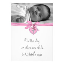 Pink White Cross Baby Girl Photo Christening Invitations