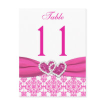 Pink, White Damask Joined Hearts Table Number