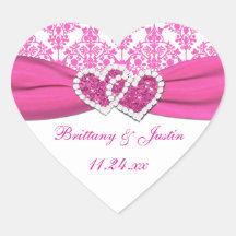 Pink, White Damask Joined Hearts Wedding Sticker