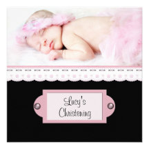 Pink White Lace Pink Black Girl Photo Christening Custom Announcement