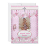 Pink White Spot  Photo Frame Cross Baptism 3 invitations