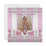 Pink White Stripe Photo Cross Baptism Christening Invites