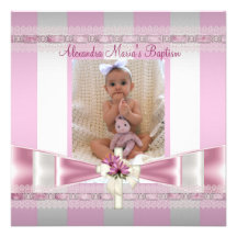 Pink White Stripe Photo Cross Baptism Christening Invites