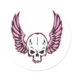 pink winged skull round stickers