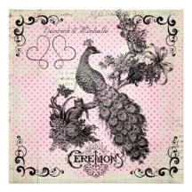 Pink With Purple Dots Peacock Wedding Invitation