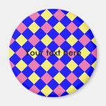 Pink yellow argyle on blue fridge magnets