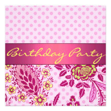 Pink/Yellow Flower & Polka Dot Birthday Invitation
