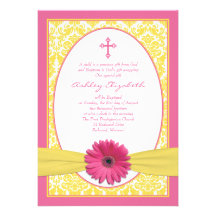 Pink Yellow Gerbera Daisy Baptism Invitation