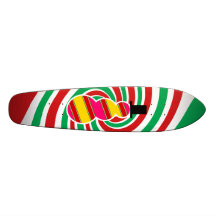 Pink yellow snowman on red green swirl skate board decks