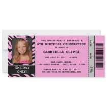 Pink Zebra Event Ticket Birthday Party Invitation