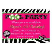 Pink Zebra Pool Party Birthday Invitation invitations