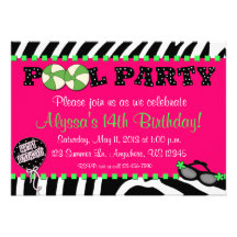 Pink Zebra Pool Party Birthday Invitation