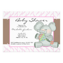 Pink Zebra Striped Baby Elephant Shower Invitation