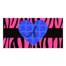 Pink zebra stripes monogram blue roses photo card template