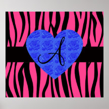 Pink zebra stripes monogram blue roses print