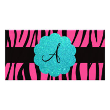 Pink zebra stripes monogram customized photo card
