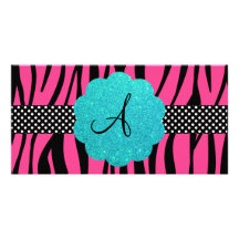 Pink zebra stripes monogram photo card