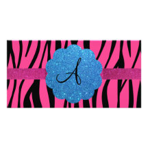 Pink zebra stripes monogram photo card template