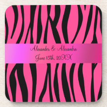 Pink zebra stripes wedding favours beverage coaster