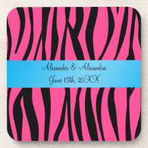 Pink zebra stripes wedding favours beverage coasters