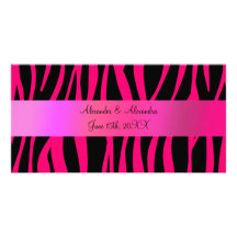 Pink zebra stripes wedding favours photo card