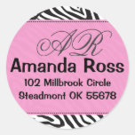 Pink Zebra with initials Round Sticker