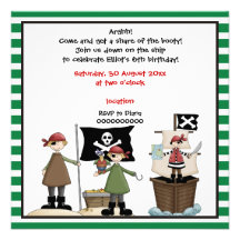 Pirate kids birthday party invitation-green border