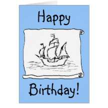 Pirate Ship Galleon! Blue Birthday Card. Custom