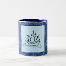 Pirate Ship on Ship Pattern, Blue. Mug