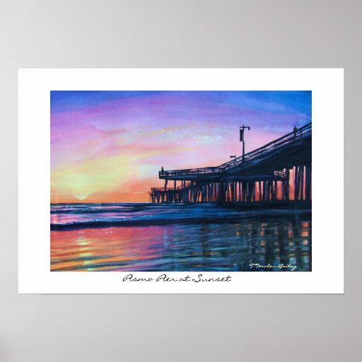 Pismo Pier at Sunset Original WAtercolor Poster