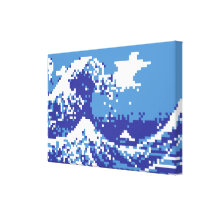Pixel Tsunami Blue 8 Bit Pixel Art Stretched Canvas Print