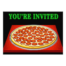 Pizza on Red Box with Big Green Lettering Invited