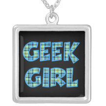 Plaid Geek Girl Blue and Green Custom Necklace